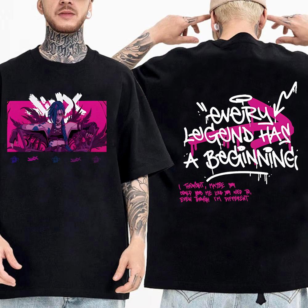 

Cartoon Arcane T Shirt Men Jinx Fashion Streetwear Anime Graphic Tee Tops High Quality Cotton Short Sleeve T-shirt XXL