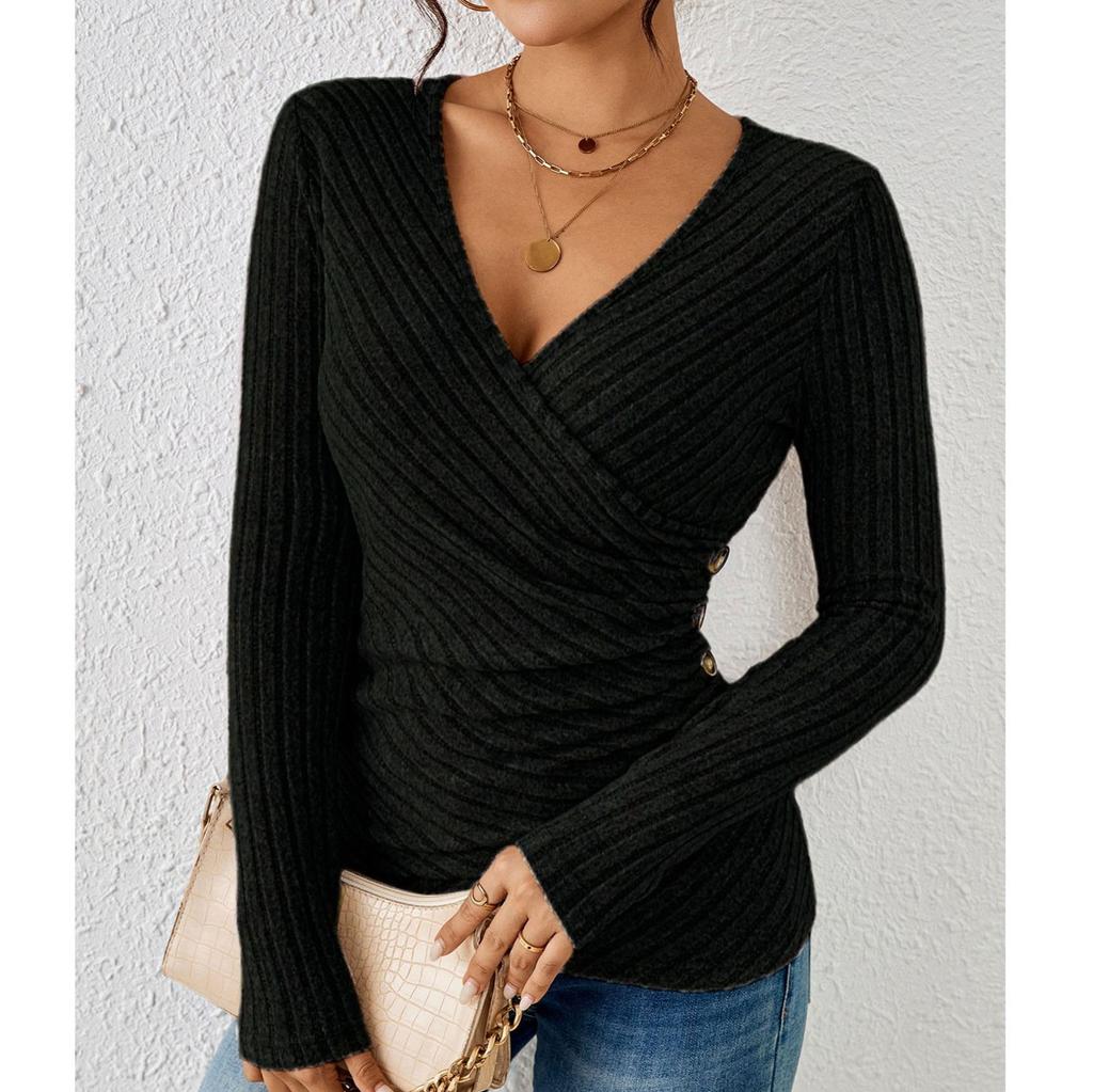 Dámské ležérní všestranný výstřih do V jednobarevný klopa Slim fit top s dlouhým rukávem volný top s dlouhým rukávem