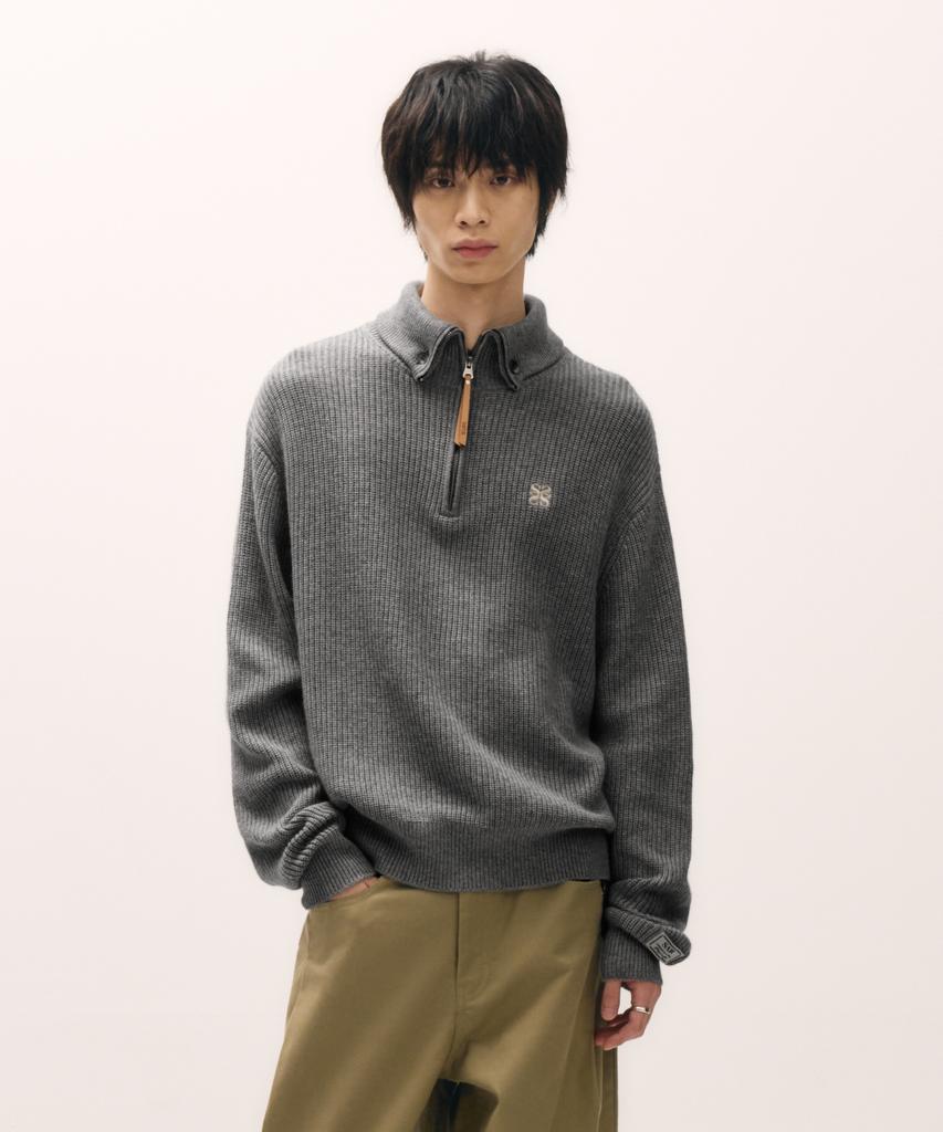 Seteo Button-Up Sailor Half Knit Zip-Up Charcoal