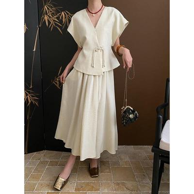 Sinan Tencel Vertical Cut Texture Top & Skirt Set SN5633 - Modern Chinese Style