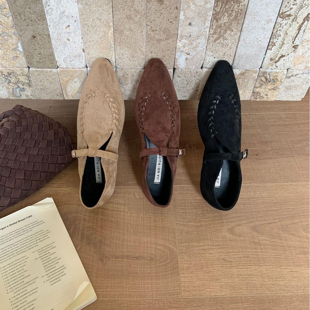 2025 Autumn New Light Mouth Suede Thick Heel Niche Soft Sole One Word with Woven Versatile Women's Single Shoes