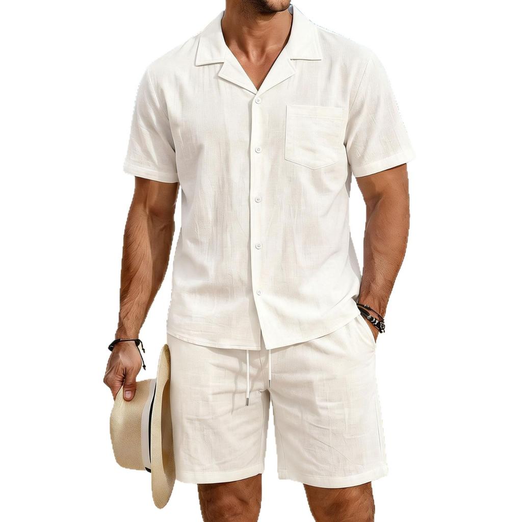 Mens Casual Loose Breathable Short Sleeve Shirt And Shorts Beach Set