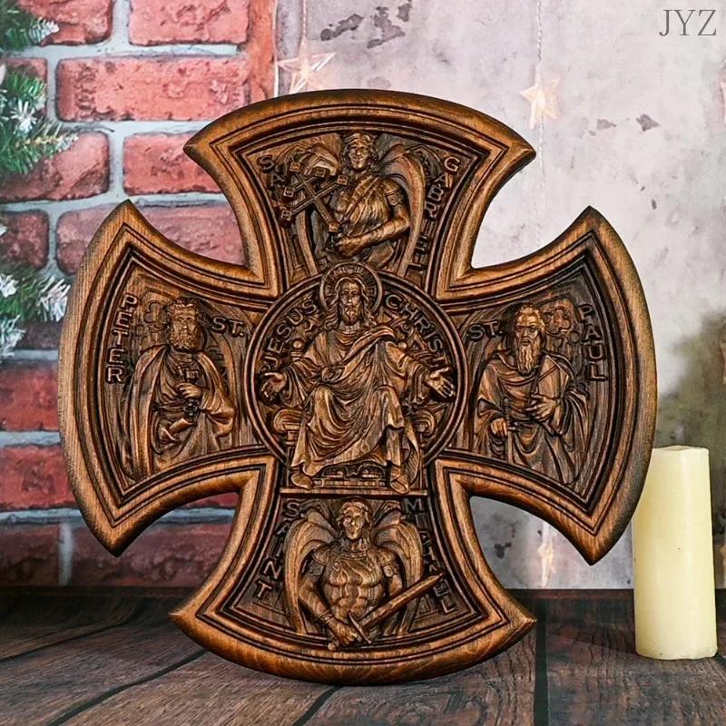 Christ Wooden Cross Catholic Trinity Jesus and Mary Home Wall Hanging Statue