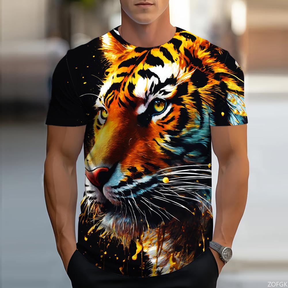 Stylish Tiger Print Crew Neck Short Sleeves Comfortable Top Casual Tops T-Shirts Men’s