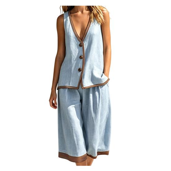 Women s Color Block 2 Piece Outfits Sleeveless Button XXL светло-синий