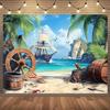 1 banner de fundo temático de pirata - com leme de madeira, barco, balde e vista para o mar - adequado para aniversários, feriados, festas