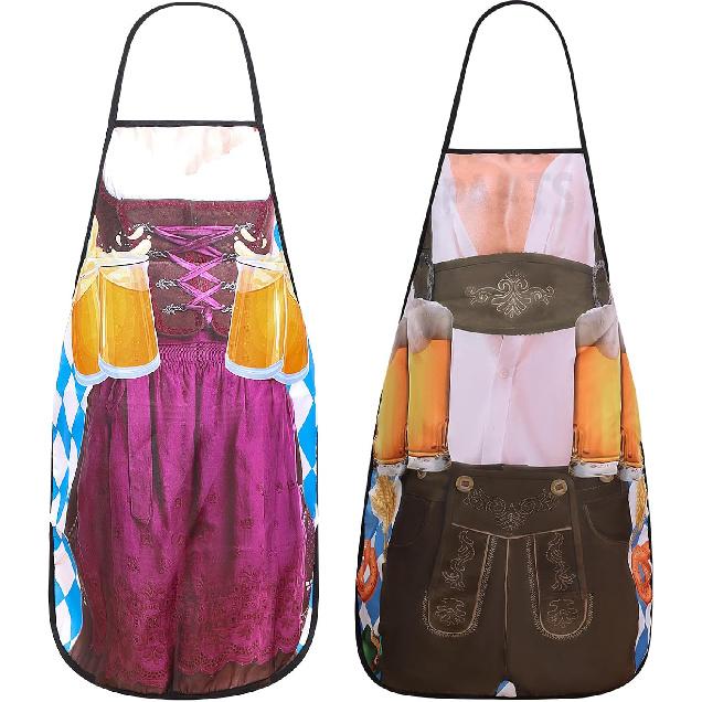 2 Pcs Oktoberfest Mardi Gras Apron Couples Cooking Aprons German Party Costume for Baking BBQ Chef Kitchen Gifts