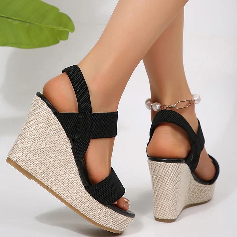 Black Band Chunky Platform Wedge Sandals Women 2025 Summer 10Cm Super High Heels Slip On Sandalias Mujer Plus Size Sandles Woman