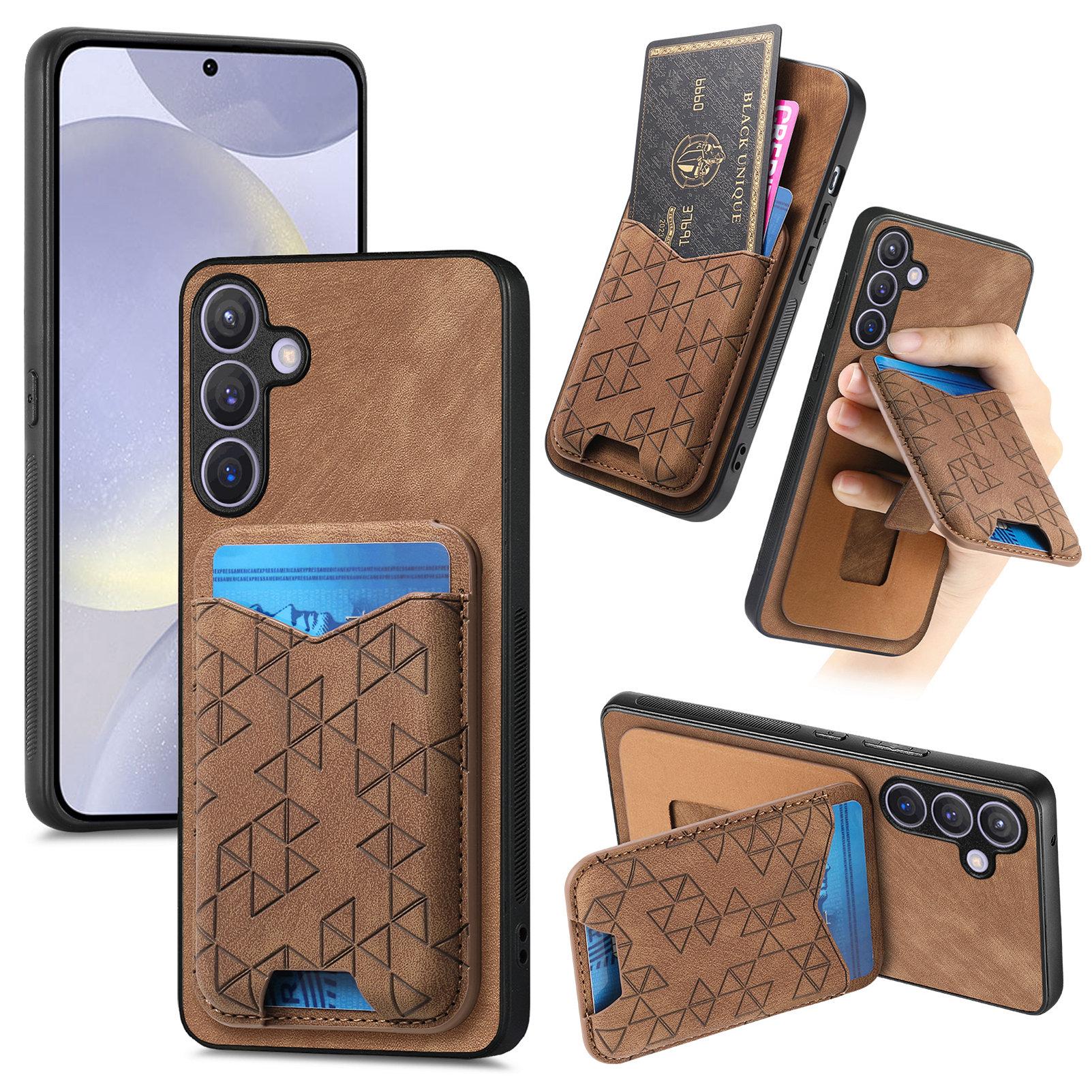 

For Samsung Galaxy S24+ Case Imprinted Pattern Card Holder Kickstand Leather Back Cover Brown