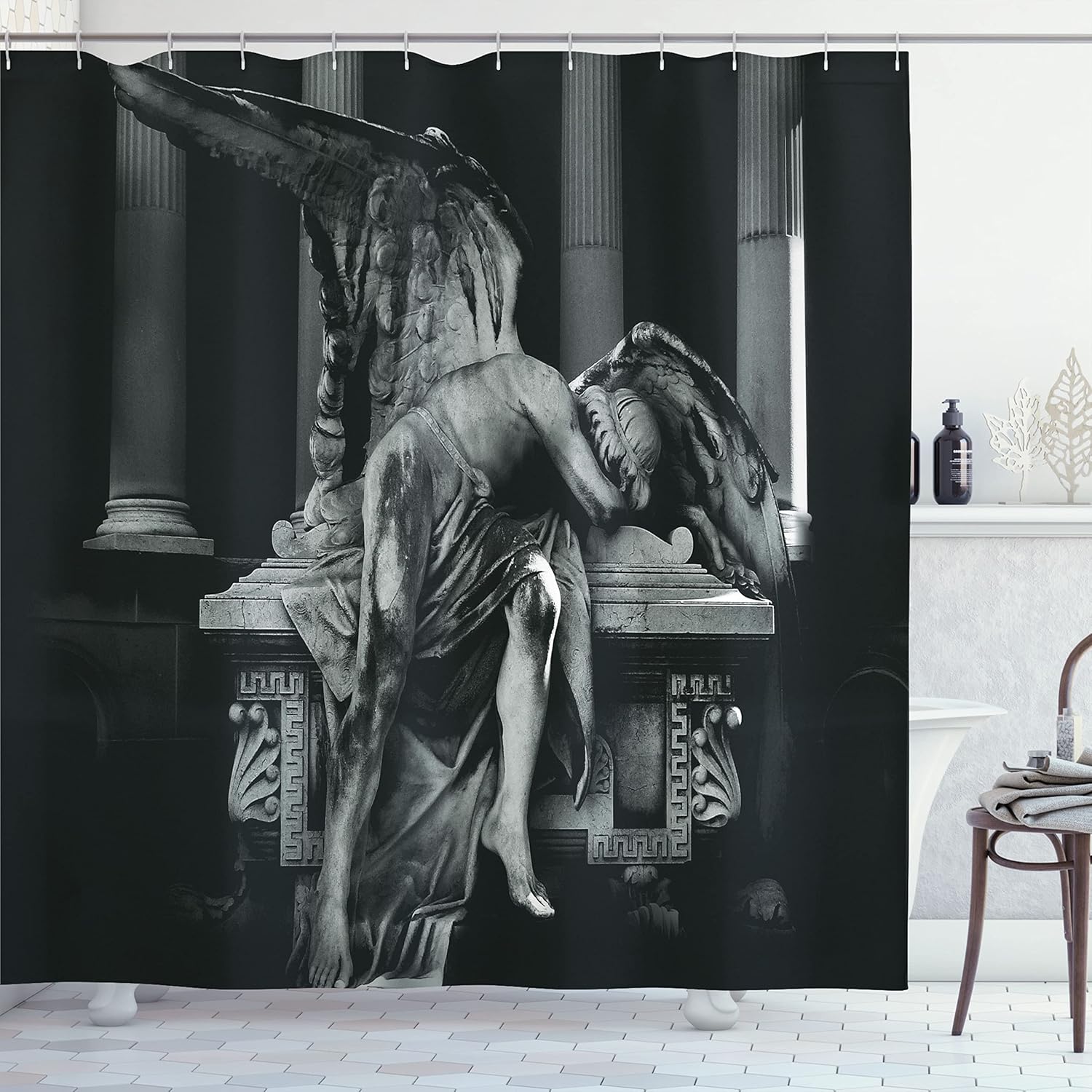 

Gothic Angel Shower Curtain with Hooks Black White Winged Statue, Classical Columns Mystical Greek Art Black Grey Retro Decor 90x180cm35x71in