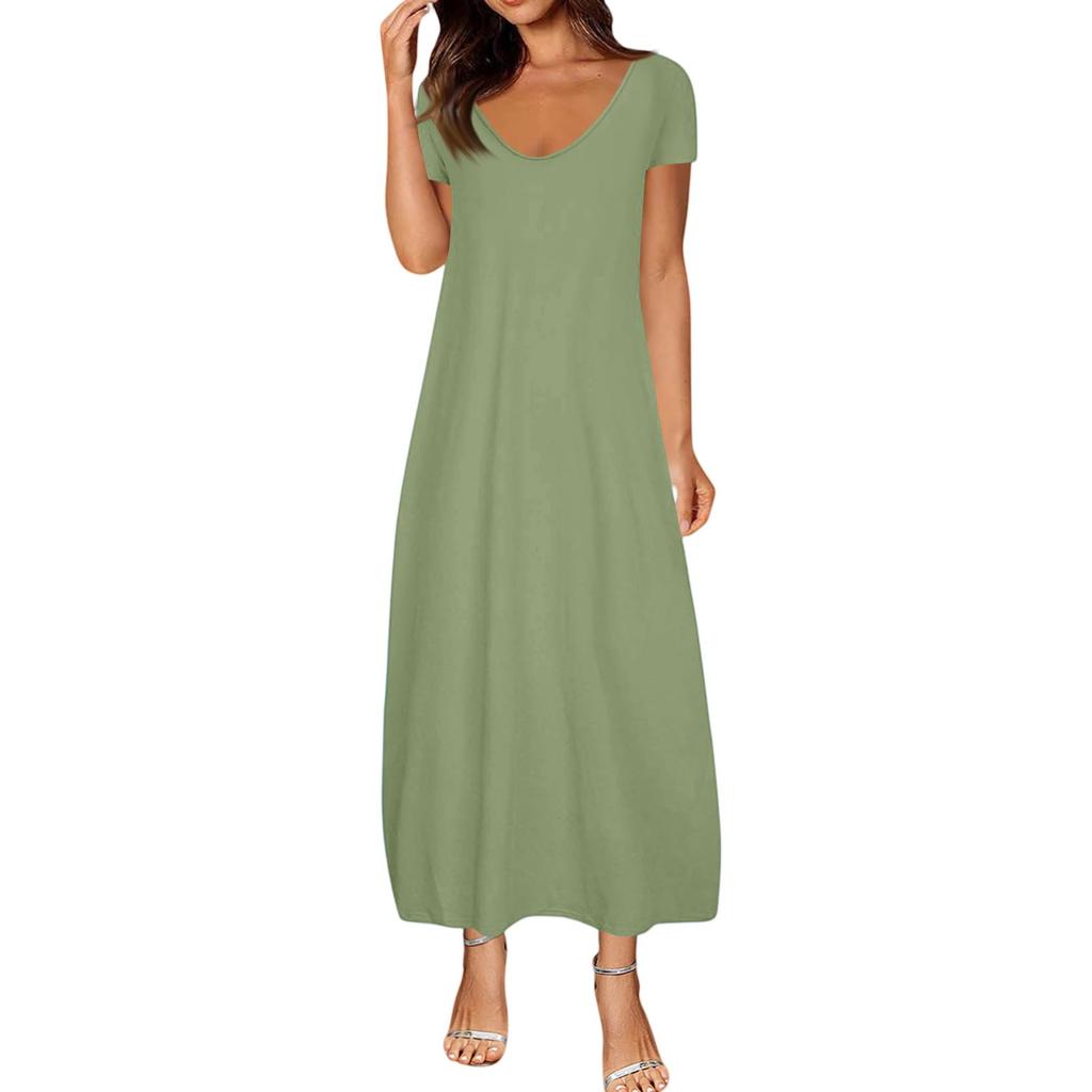 Women's Summer Plus Size Solid Color Sexy Short Sleeve With Pockets Loose Dresses
