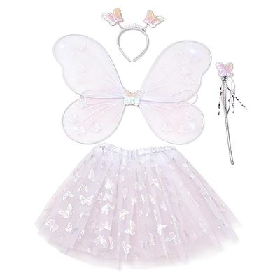 Ensemble 4 Pièces Costume de Princesse Fée Ailes de Papillon Jupe Bouffante Costume de Fête de Princesse Bandeau Baguette de Fée Ensemble Ailes de Papillon