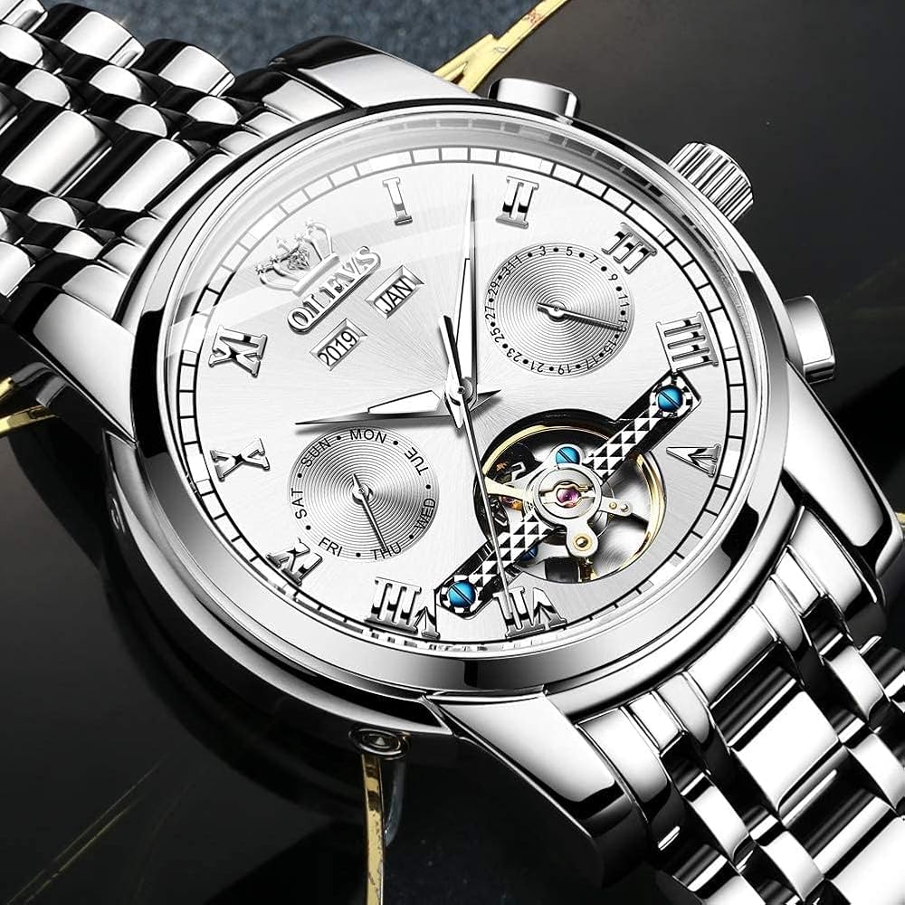 OLEVS Automatic Mechanical Watch Men's Luxury Stainless Steel Multi-Calendar Waterproof Luminous Silver