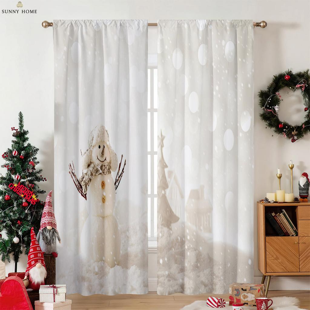 Cartoon Snowman Christmas Decorative Curtains Suitable for Bedroom Restaurant New Year Party Decorative Curtains 2 Pieces