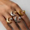 Stainless Steel Gold Color Star Moon Open Rings For Women Minimalist Metal Two Tone Adjustable Finger Ring Zircon Party Gift