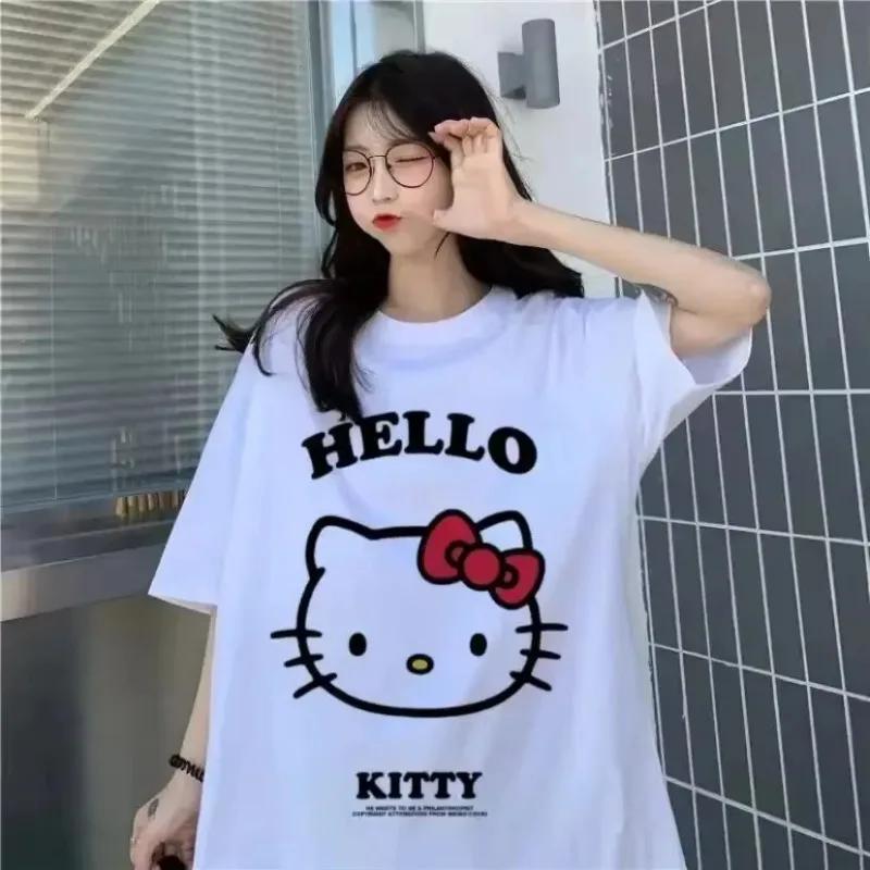 Kawaii Hello Kitty Y2K Korea Cotton Tops Anime Cute Summer Loose Women's Couple Fashion Loose Comfortable Cotton T-Shirt Tops