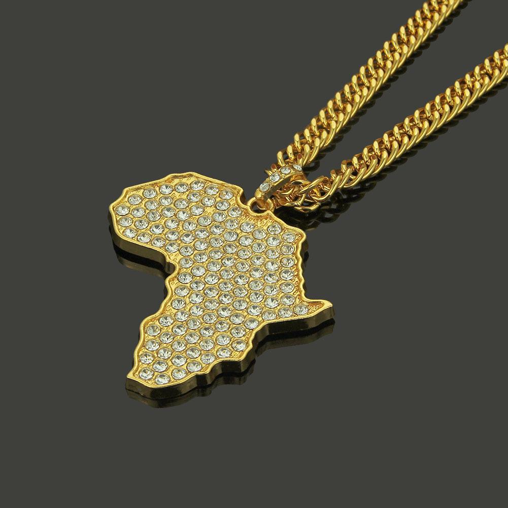 Nový náhrdelník v evropském a americkém stylu Hip Hop Afrika Mapa náhrdelník Úplný diamantový přívěsek módní náhrdelník