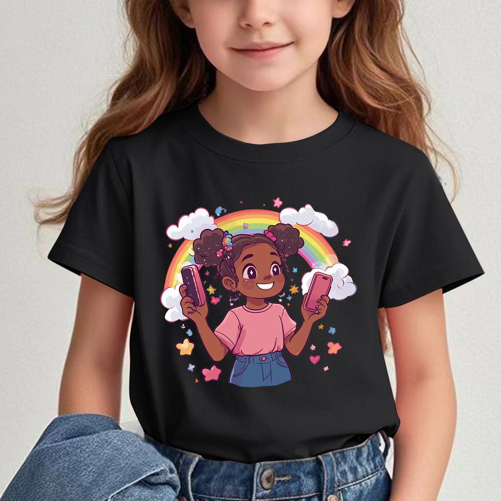 Girls New Cartoon Printed Shortsleeved Tshirt Summer Shortsleeved Tshirt Childrens Round Neck Top  polyester fabric