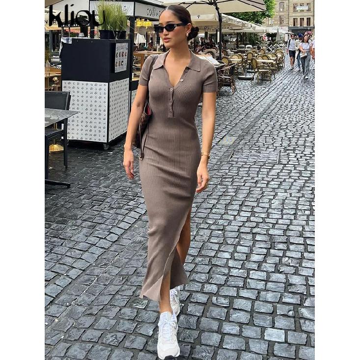 Elegant Office Lady Maxi Dress Women Solid Fashion Turn-down Collar Short Sleeve Button Side Slit Body-Shaping Street Robe