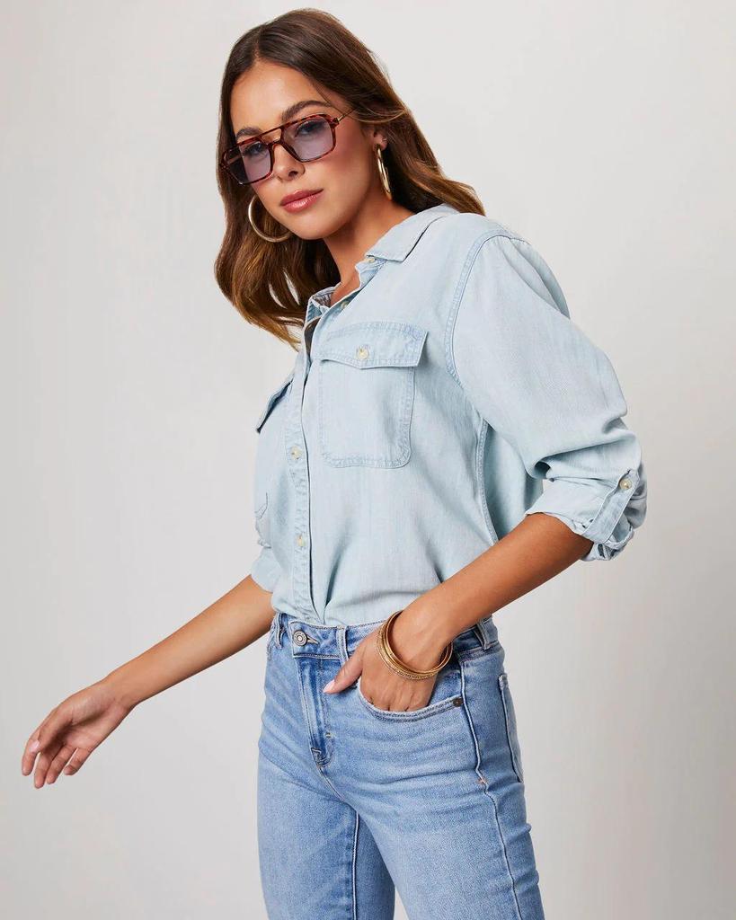 Simple Versatile White Denim Long Sleeve Casual Shirt for Women
