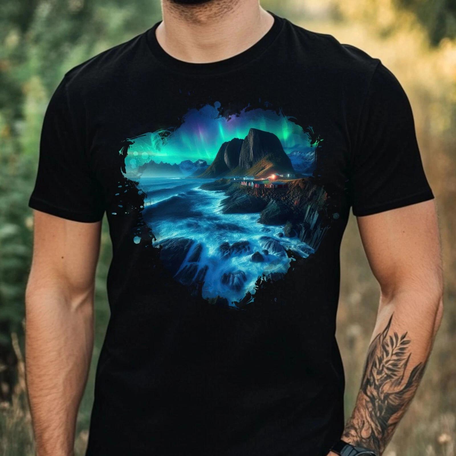T-Shirt Herren Aquarell Nordlicht Motiv Baumwolle Größe XS bis 5XL XL