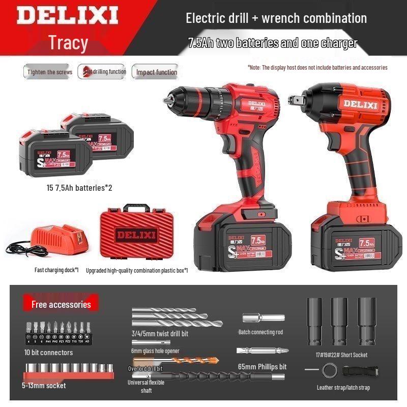 Delixi Brushless Handheld Lithium Battery Drill and Electric Screwdriver with Impact and Rechargeable Features for High-Power Household Use.