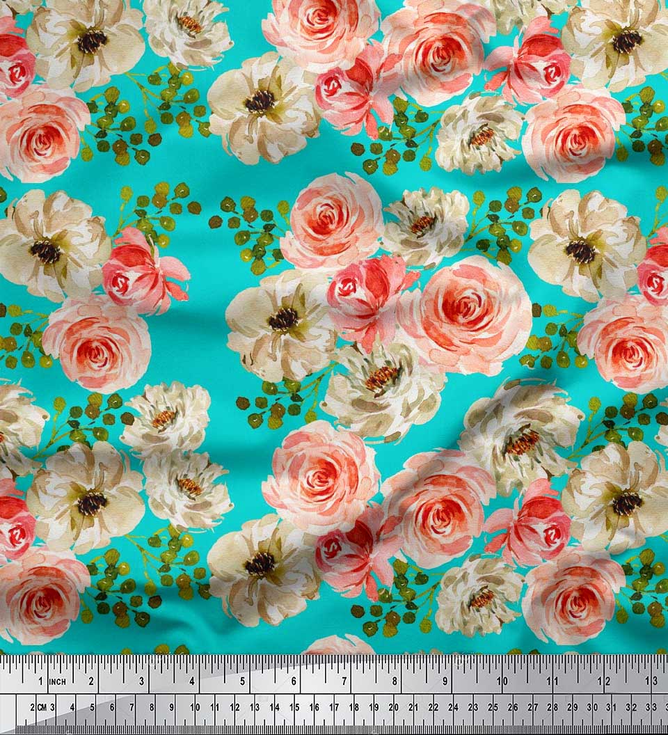 

Тканина Soimoi Japan Crepe Satin Ranunculus With Bunch Floral Print Тканина на метр 42 дюйма 42 Inch Wide - Poly Crepe зелений