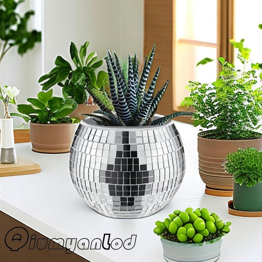 Disco Ball Planter,Disco Ball Vase,Disco Ball Flower Pot,Disco Ball Bowl,Disco Plant Holder,Silver Mirror Glass Disco Ball Decor Vase for Table