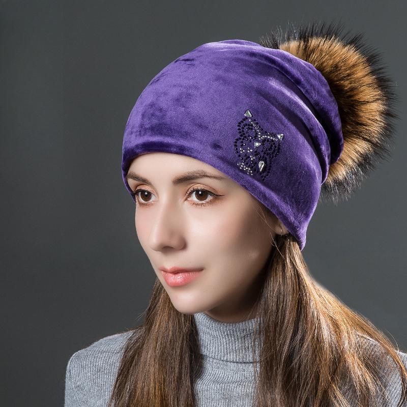 Owl Rhinestones Hats For Women Winter Warm Plus Velvet Fashion Caps With Natural Fur Pompoms Female Skullies Beanies
