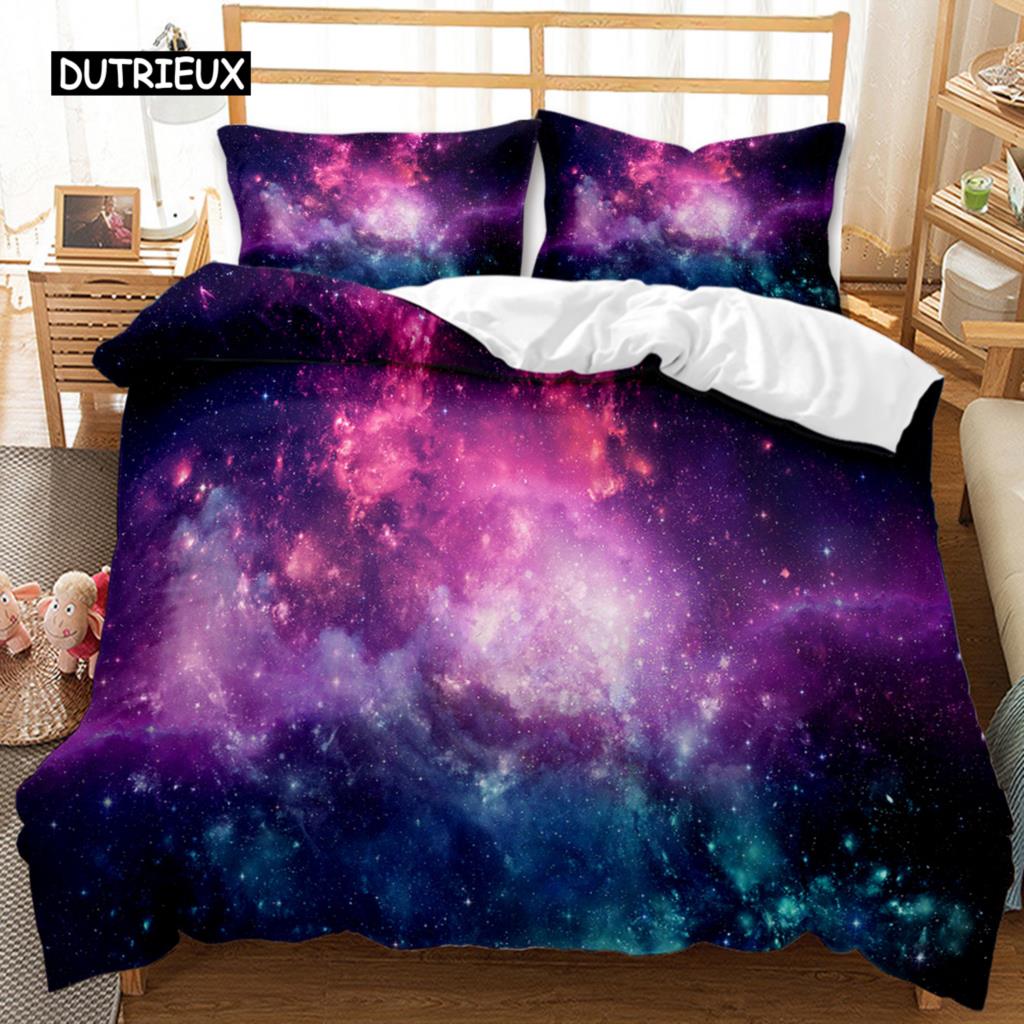 Sternenhimmel Bettbezug Staubige Gaswolke Nebel und Sternhaufen im Weltraum Polyester Bettwäscheset Doppel Queen King Size