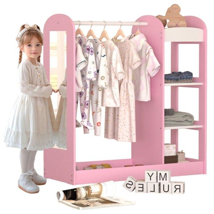 GINGER HOME – Portant enfant avec miroir, penderie ouverte avec étagères et tringle, rose, 94×38×100 cm
