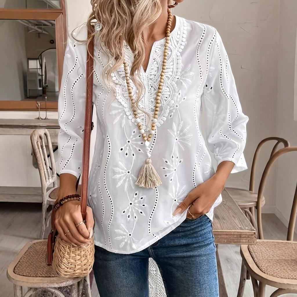 2025 European and American spring and summer new women's tops loose V-neck lace embroidered shirts