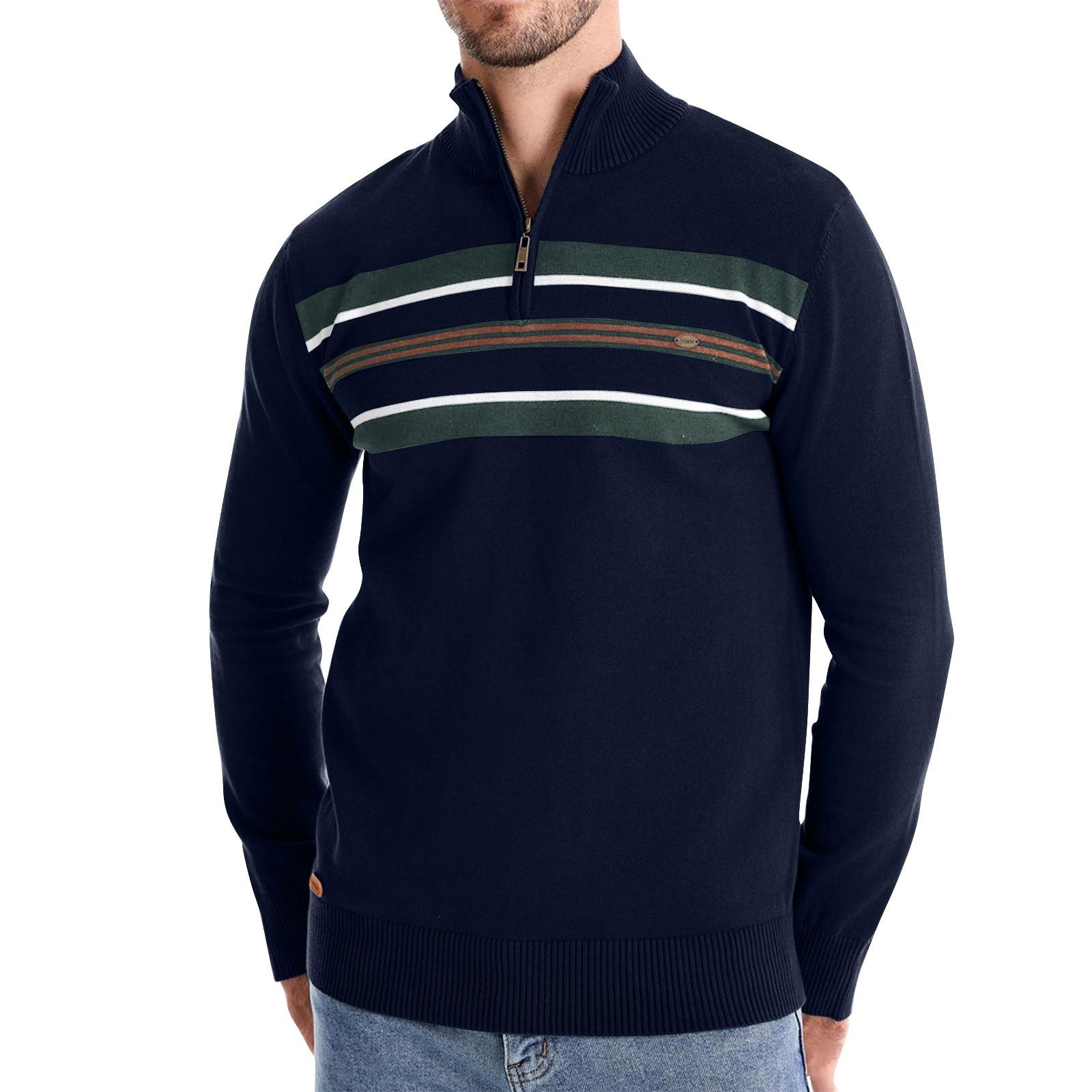 

Мужской зимний повседневный полосатый трикотажный топ с воротником-стойкой и полумолнией, облегающий покрой, с длинным рукавом M тёмно-синий