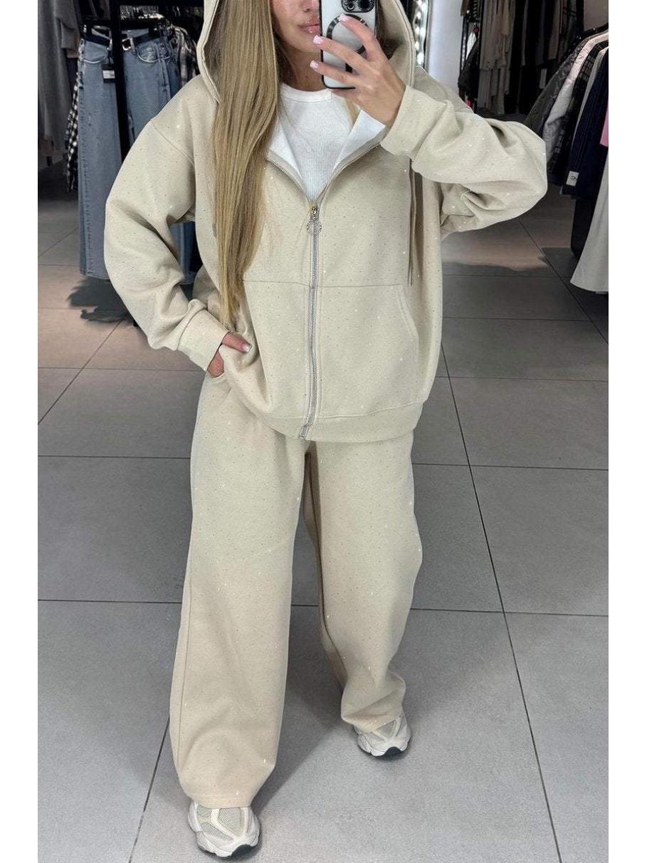 

Женский осенне-зимний повседневный худи с капюшоном и комплект брюк широкого кроя с полным дизайном из страз Medium бежевый