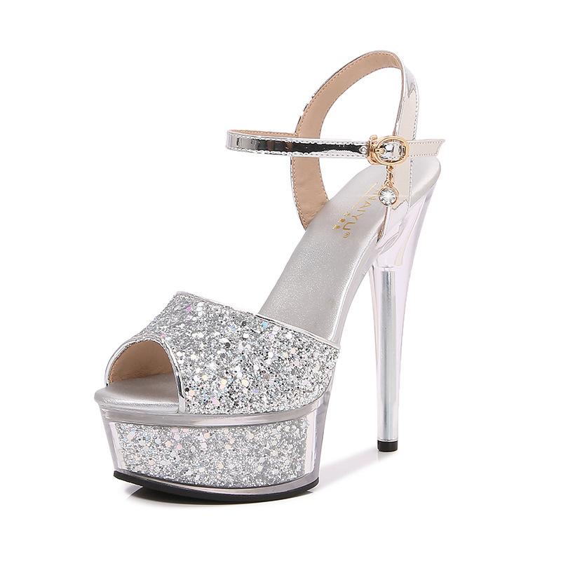 

Летние новые супер высокие каблуки водонепроницаемые сандалии с рыбьим носком на прозрачной подошве, хрустальная подошва, пряжка со стразами, сексуальные 41 серебряный