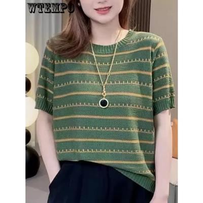 Gestreiftes kurzärmeliges T-Shirt Gestrickter Pullover Sommer Kontrastierend Retro Locker Vielseitiges Oberteil für Damen