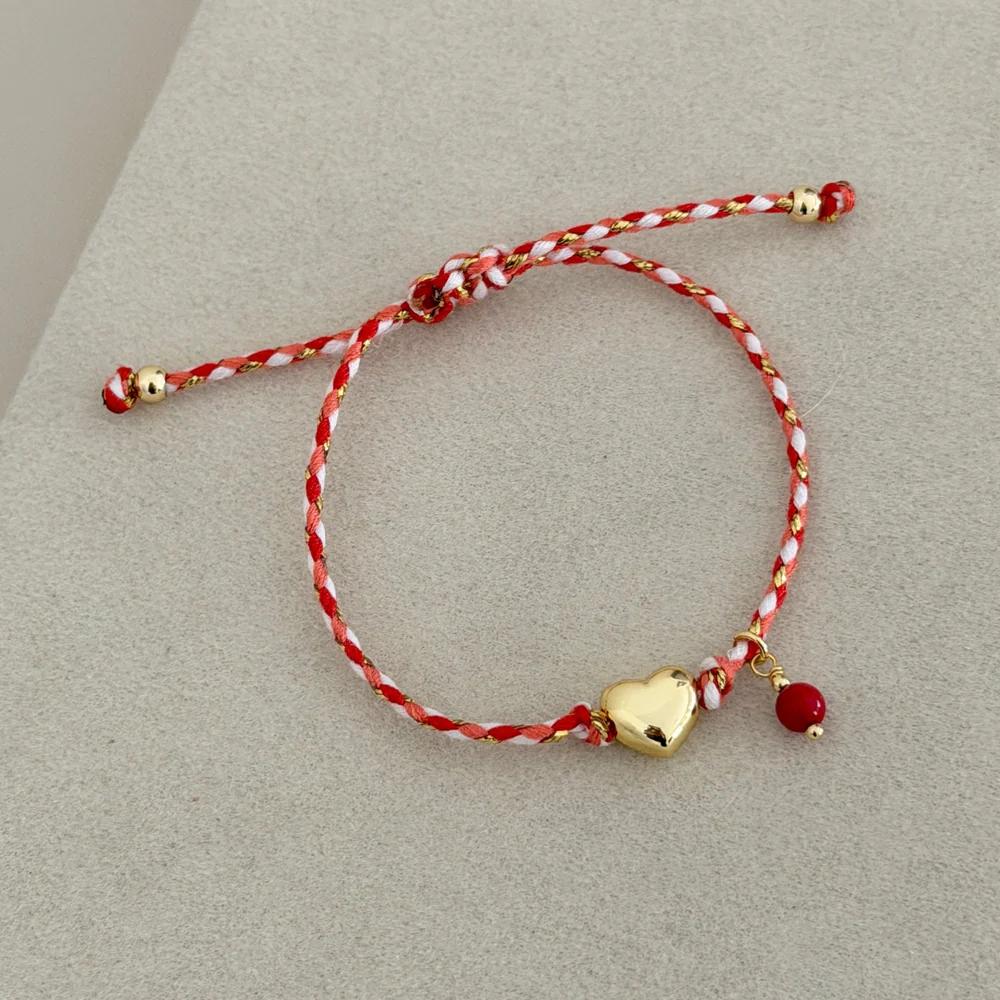 

Vlen Lucky Red Rope Braided Bracelet Gold Heart Charm Beaded Bracelet Adjustable Minimalist Jewelry For Women Birthday Gift