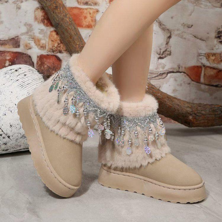 Niche Fringed Beaded Thick-soled Short Boots Children's Autumn and Winter New High-end Comfortable Versatile Snow Boots