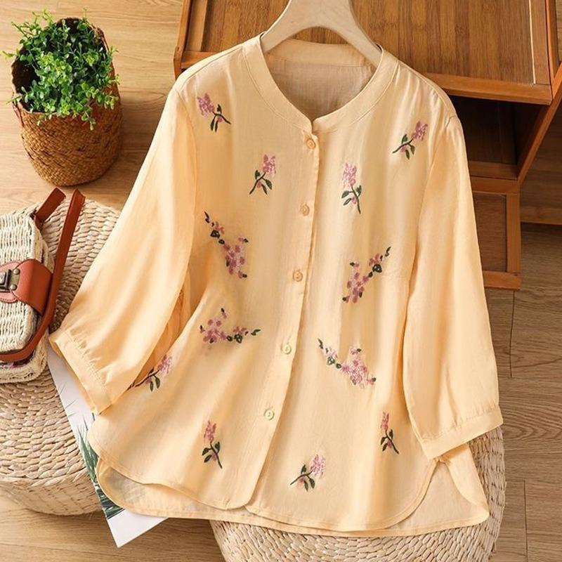 Retro Embroidered Half-sleeved Short-sleeved Cotton and Linen Shirt Spring and Summer New Style Simple and Versatile
