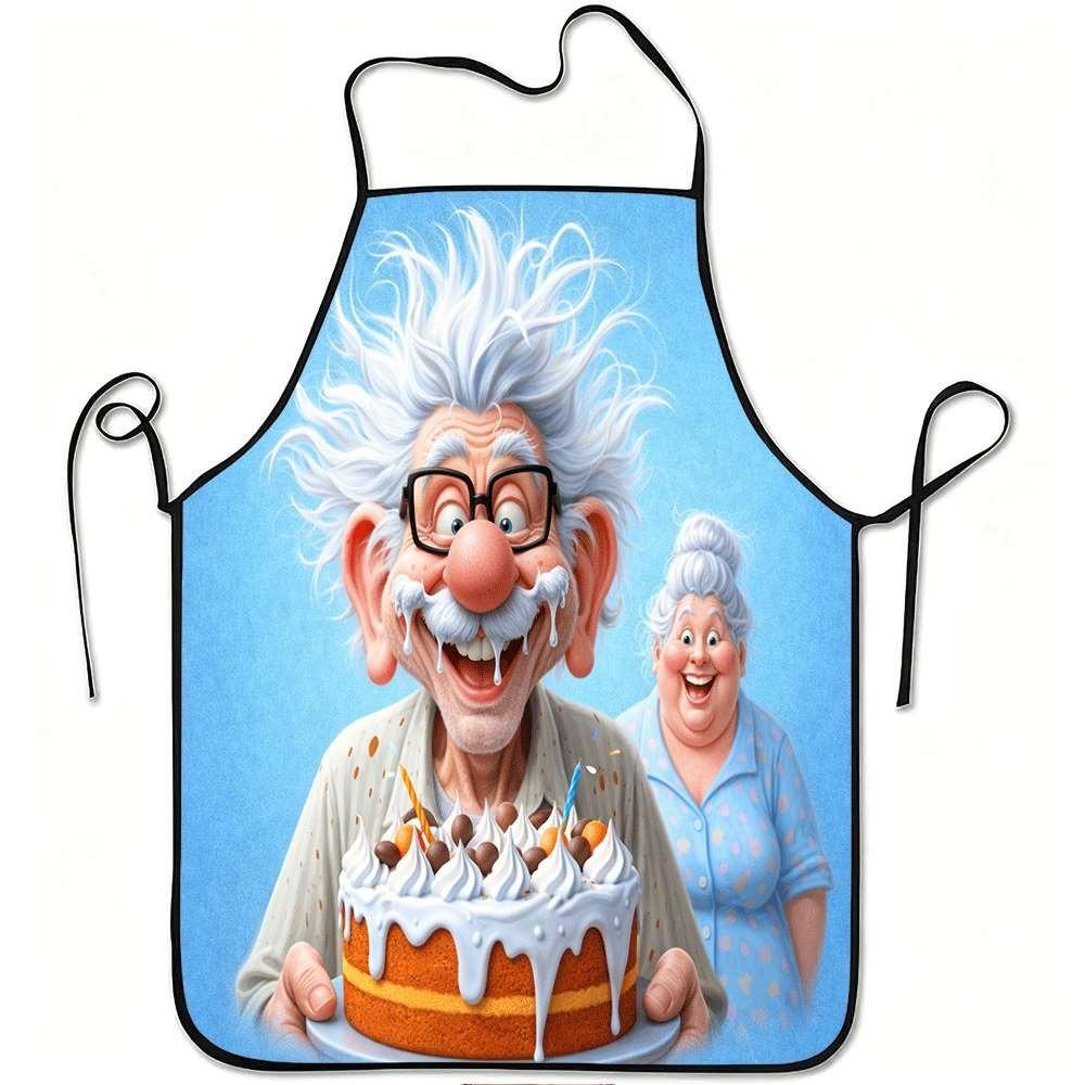 1pc Funny Elderly Couple Apron with Birthday Cake Print & Suitable for Kitchen Cooking, Gardening, Fruit Picking - Non-Adjustable Waistband Belt, Apro