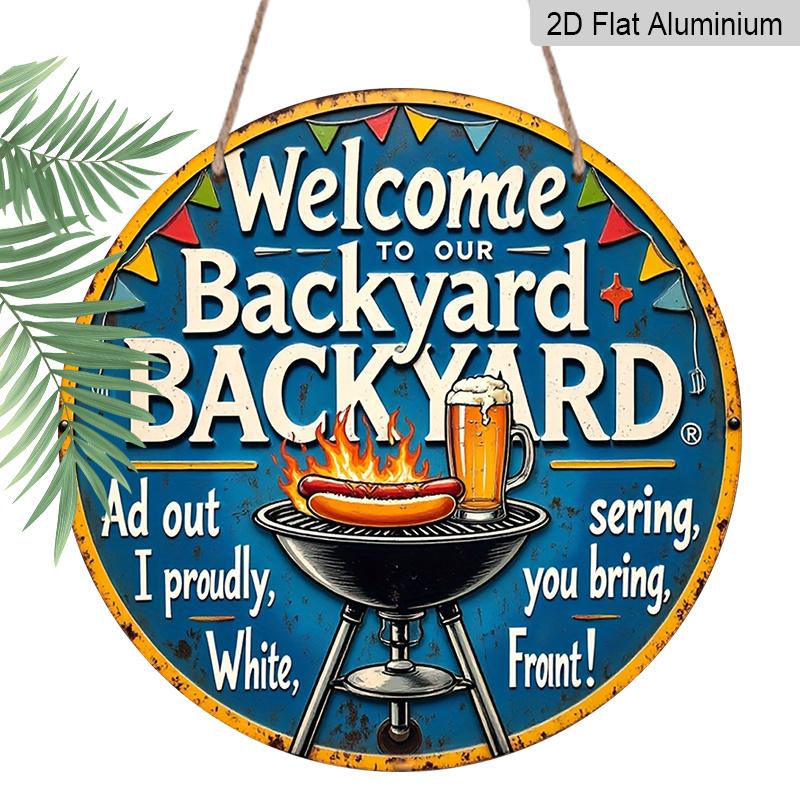 

2D Flat, 1pc 7.87 Round Aluminum Sign with Barbecue Party Beer Garden Vintage Decorative Plaque, Yard BBQ Beer Theme Aluminum 2D Decoration Plate 1pc