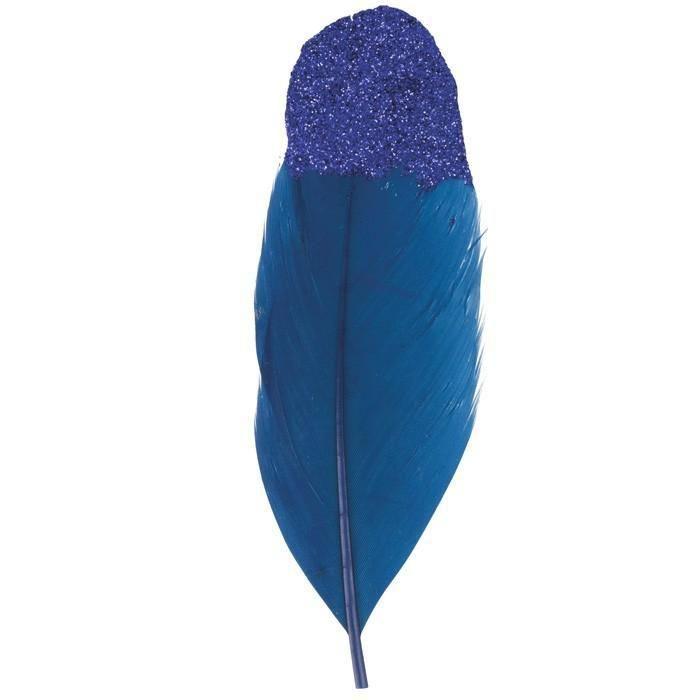 Feathers - ARTEMIO - 6 Blue Feathers with Glittery Purple Tip - 11x3.5cm - Set of 6 - Creative Decoration