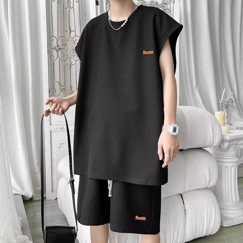 

Мужской костюм без рукавов с футболкой, мужской летний новый модный брендовый жилет, спортивный повседневный свободный костюм, мужской модный M