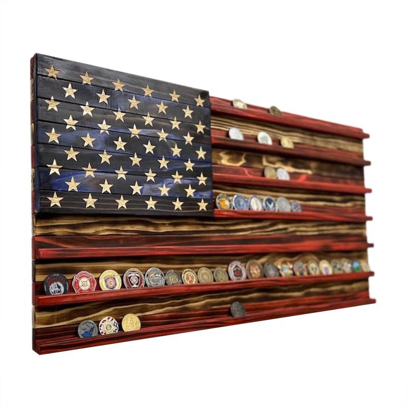 American Flag Challenge Coin Display 7 Rows Wood Coin Stand Rack For Wall Mount Hang Decoration Commemorative Display Stand
