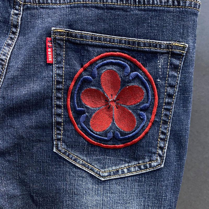 Blugi brodați cu dragon retro pentru bărbați Street Hip-hop Pantaloni scurți largi, drepti, casual Pantaloni scurți din denim casual