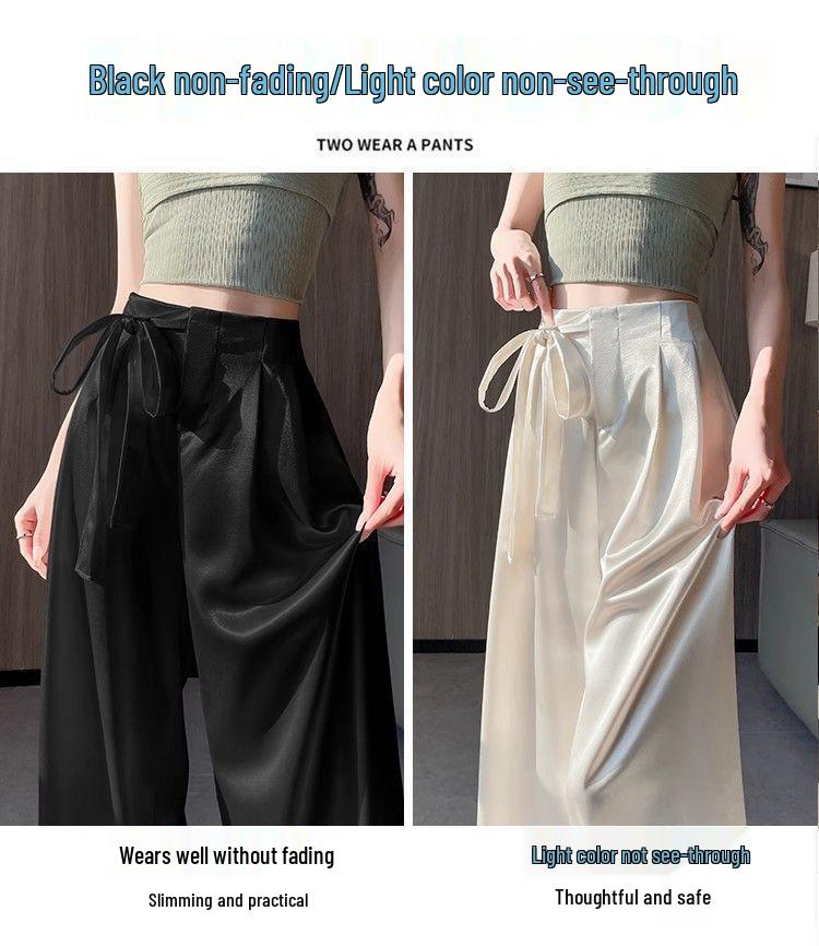 Women's Summer Acetate Satin Wide-Leg High-Waisted Pants with Tie-Up and Drape Design