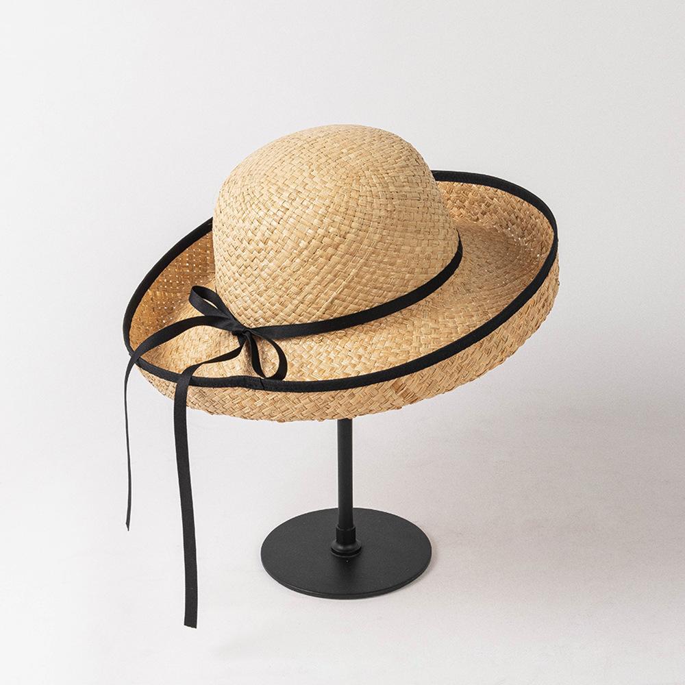 Korean Version of the New Fashion Lashing Bow Rolled Edge Raffia Basin Hat Outdoor Travel Sun Protection Visor Straw Hat