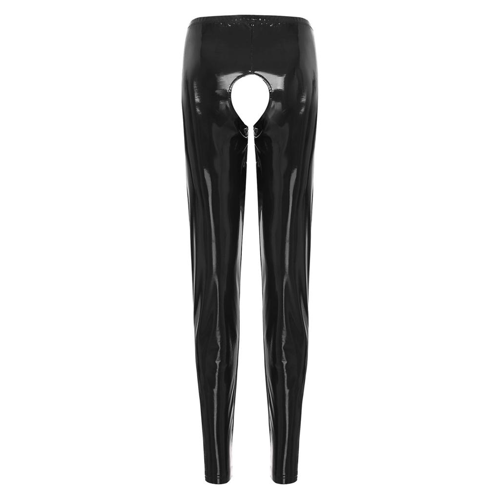 Womens Patent Leather Crotchless Pants High Waist Elastic Leggings Glossy Clubwear