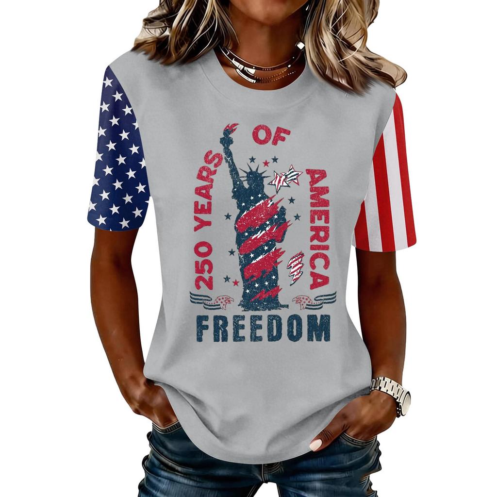 Blusa Feminina da Moda Casual de Manga Curta com Estampa e Gola Redonda
