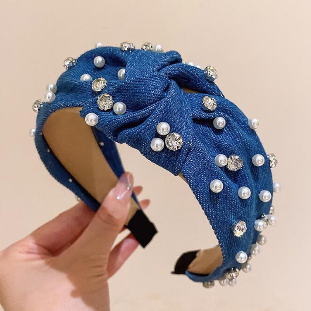 Fashion Wide Blue Denim Cross Knotted Headband Women Personal Pearl Rhinestone Hairband Vintage Hair Hoop Bezel Hair Accessories